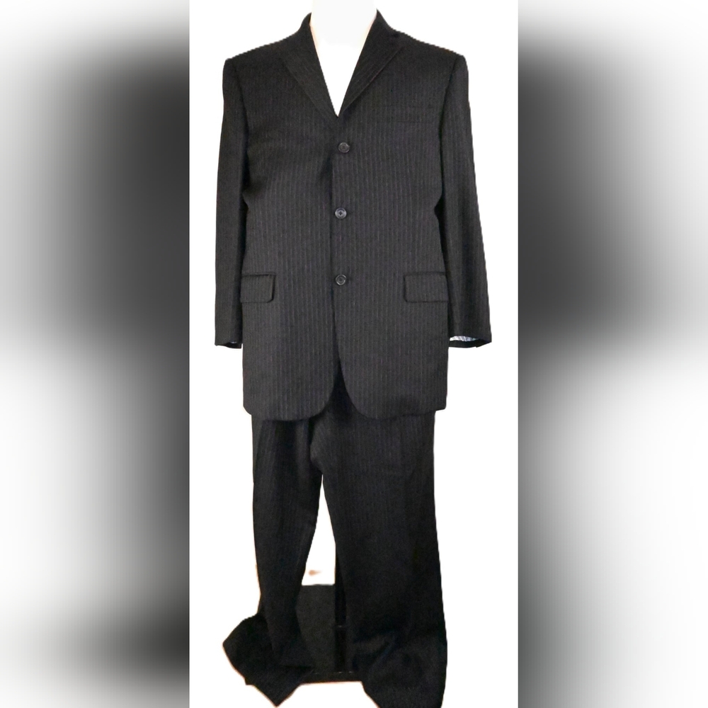 BURBERRY LONDON Black Pen Stripped 2Pc Suit Jacket 40 R Pants 31W Union Made USA